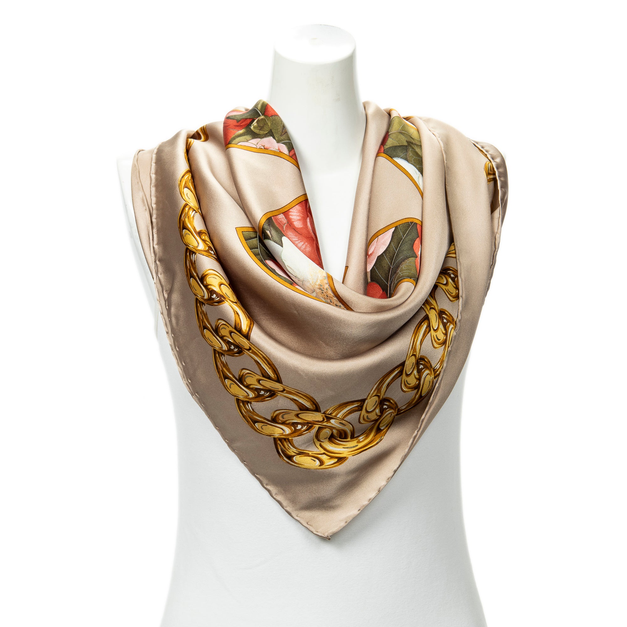 Chanel Brown/Red/Gold Silk Scarf ABC2508
