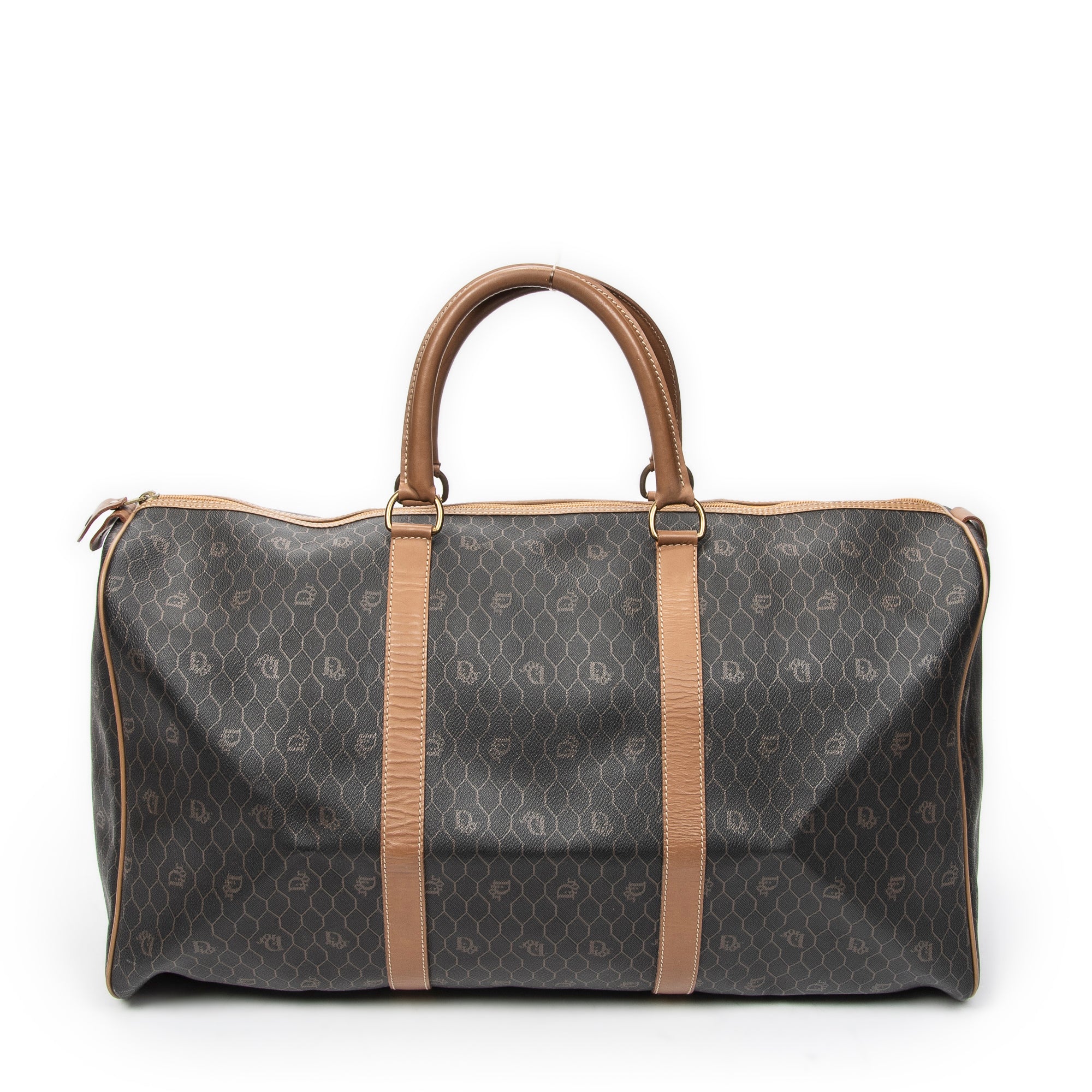 Dior Brown/Grey Coated Canvas Large Vintage Travel Boston ABC5740