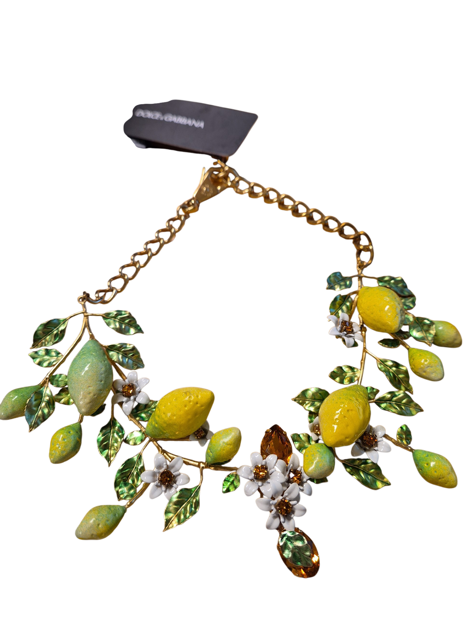 Dolce & Gabbana Necklace Gold base With Green leaves And White Flowers & crystals DG1759A