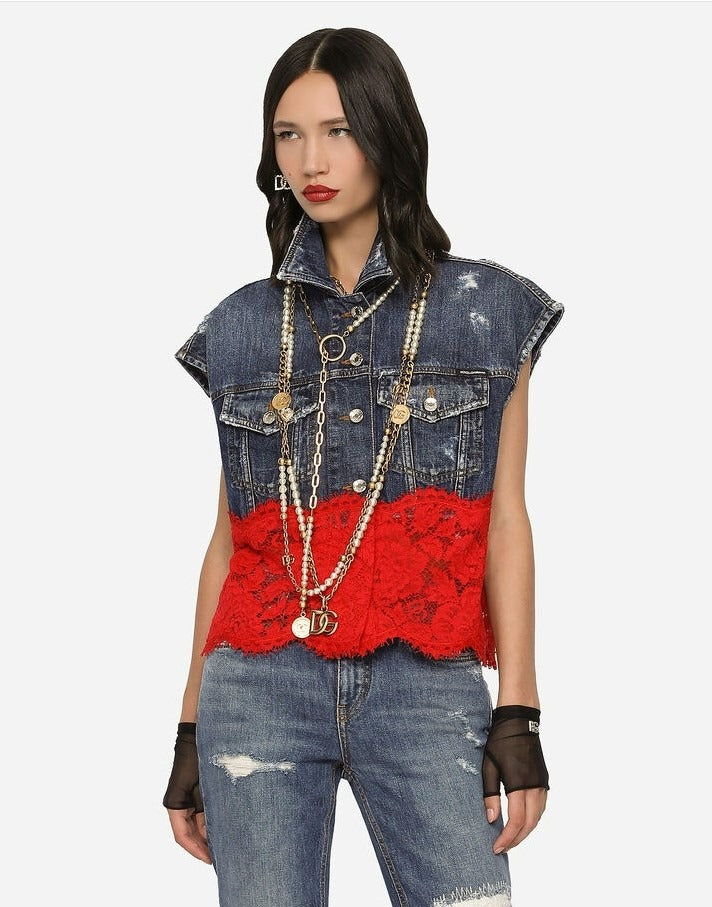 Dolce & Gabbana Jacket Sleeveless Jeans Red Lace DG5094B