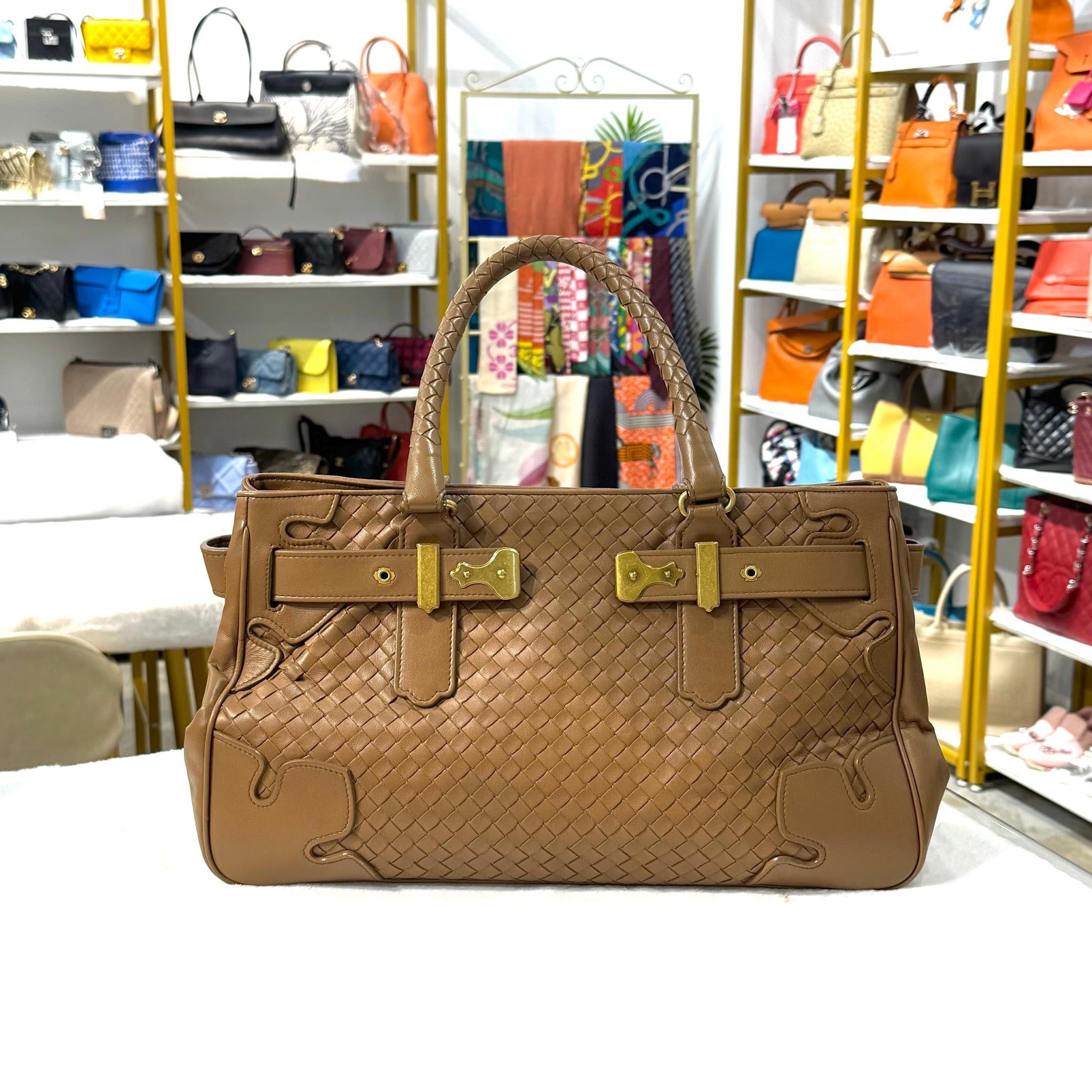 BOTTEGA VENETA  BROWN LEATHER INTRECCIATO TOTE BAG IN GHW  HB7039