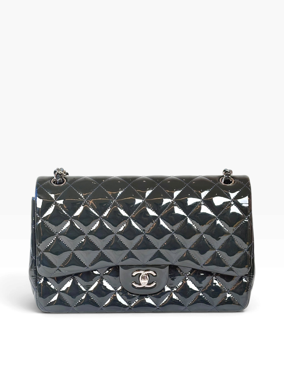 Chanel Classic Flap Jumbo Dark Green / Navy in Patent Leather