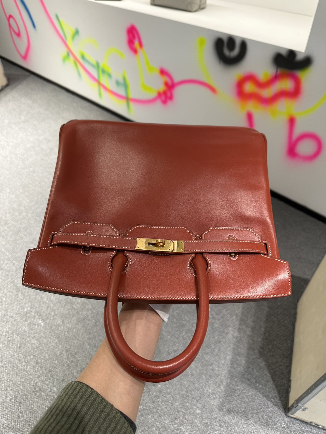 Hermès HAC 32 Brick Red Box Leather Stamp B Pristine Condition