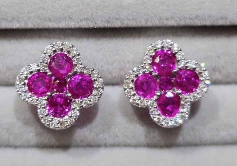 2.02ct Unheated Burma Pink Sapphire Earrings with natural diamonds in 18K gold SKH1085