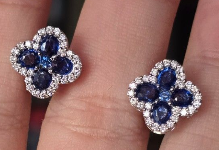 1.47ct Unheated Burma Sapphire Earrings with natural diamonds in 18K gold setting SKH1094