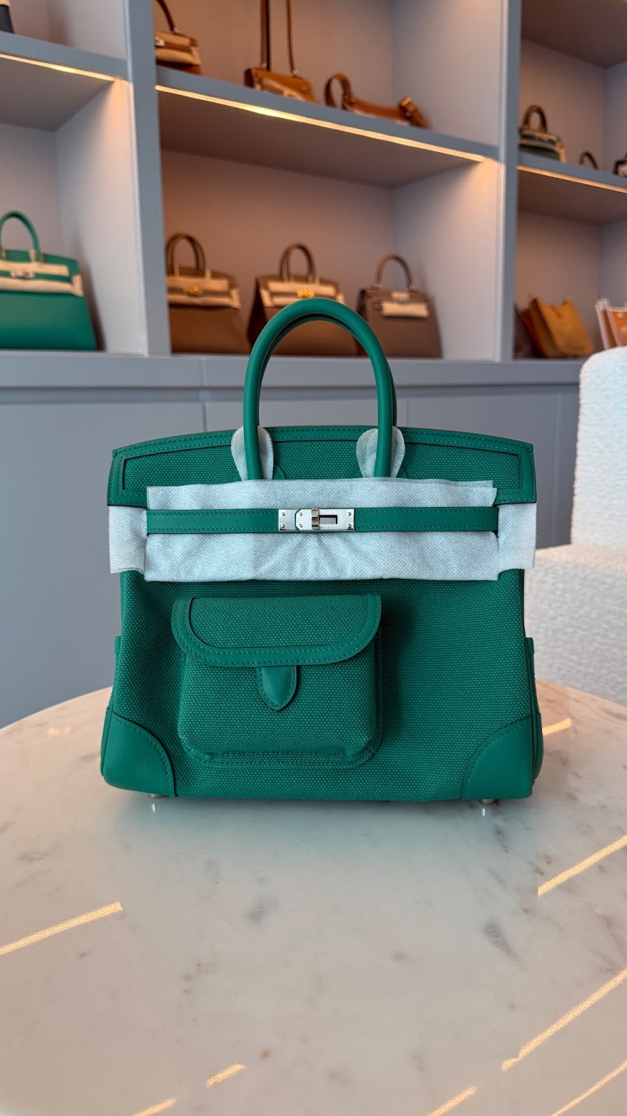 Birkin 25 Vert Vertigo Toile Canvas with Swift with Palladium Hardware AGC3190