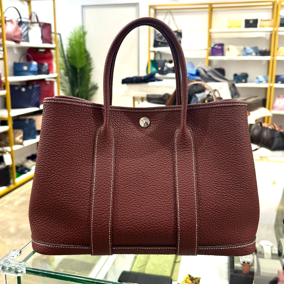 BURGUNDY COLOR LEATHER 30 GARDEN PARTY TOTE BAG IN PALLADIUM HW  HB7201