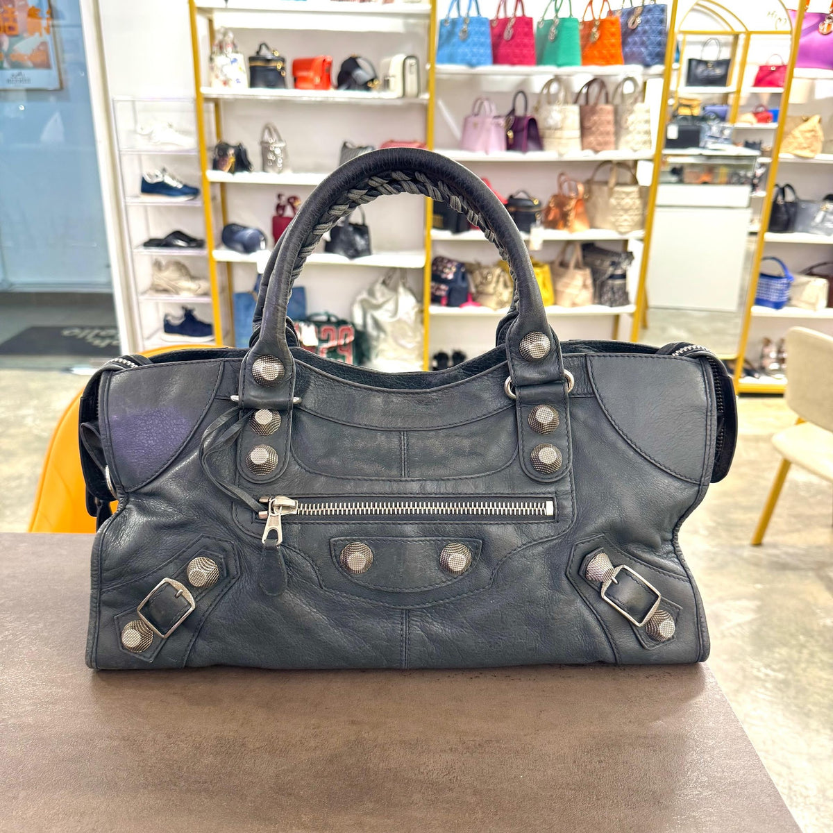 CHARCOAL GREEN LAMBSKIN LEATHER 21 GIANT PART TIME BAG IN SILVER  TONE METALLIC HW  HB7267