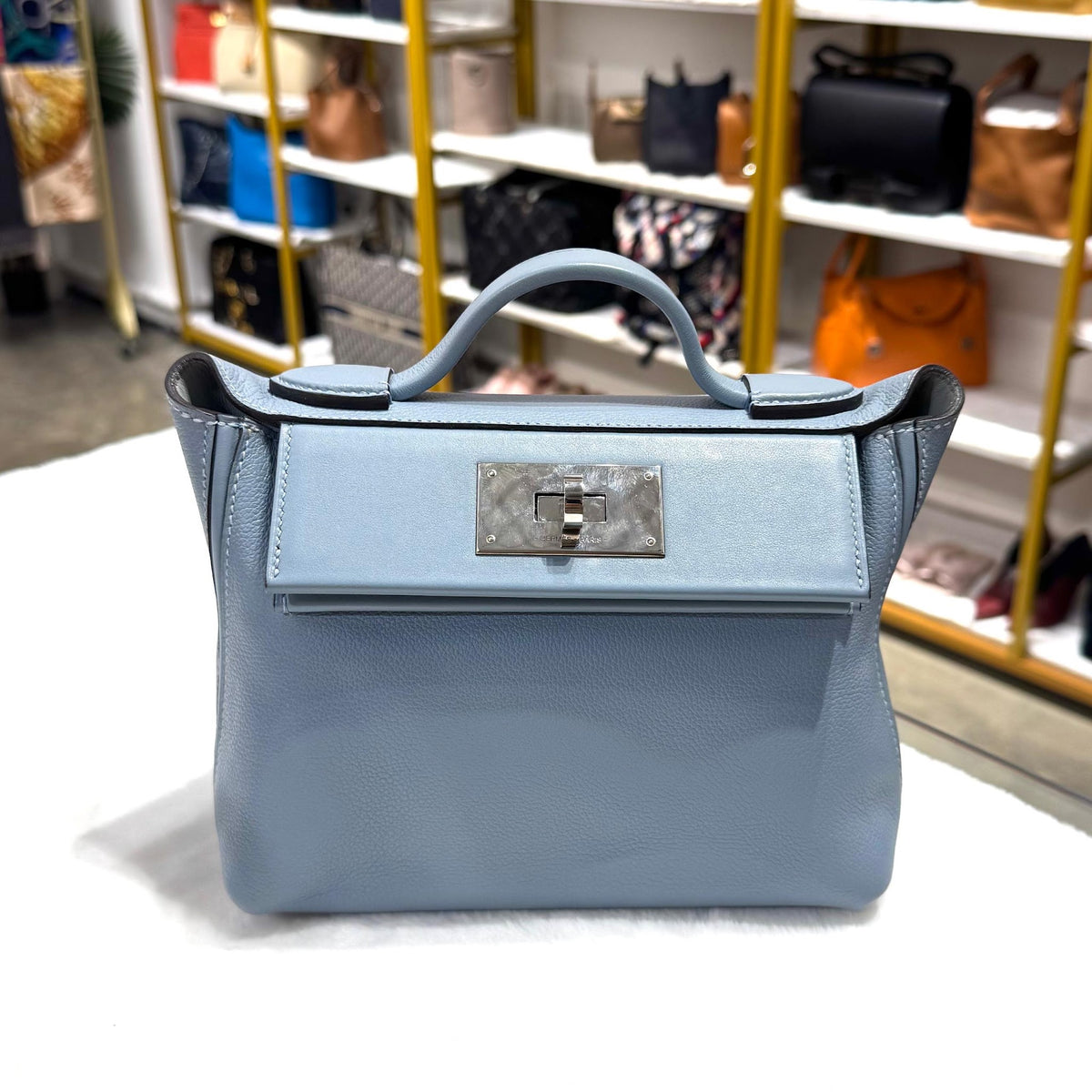 LIGHT BLUE COLOR LEATHER 21 24/24 MINI TOP HANDLE BAG IN PALLADIUM HW  HB7156