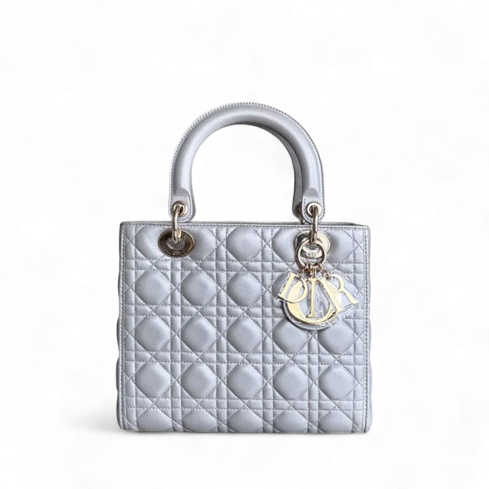 DIOR LADY MEDIUM - CANNAGE LAMBSKIN GREY GRAY GOLD HARDWARE NO STRAP SYCM518