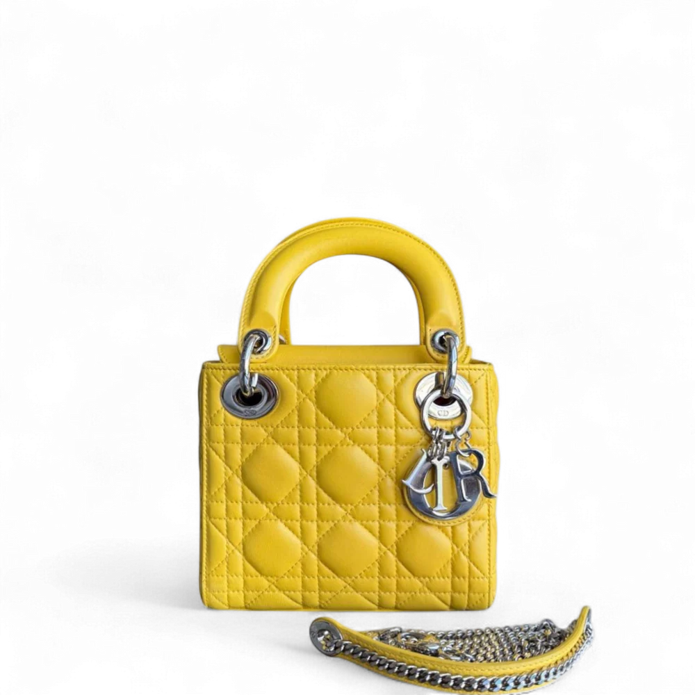DIOR LADY MINI FLAP - CANNAGE LAMBSKIN YELLOW SILVER HARDWARE CHAIN STRAP SILVER HARDWARE SYCM508
