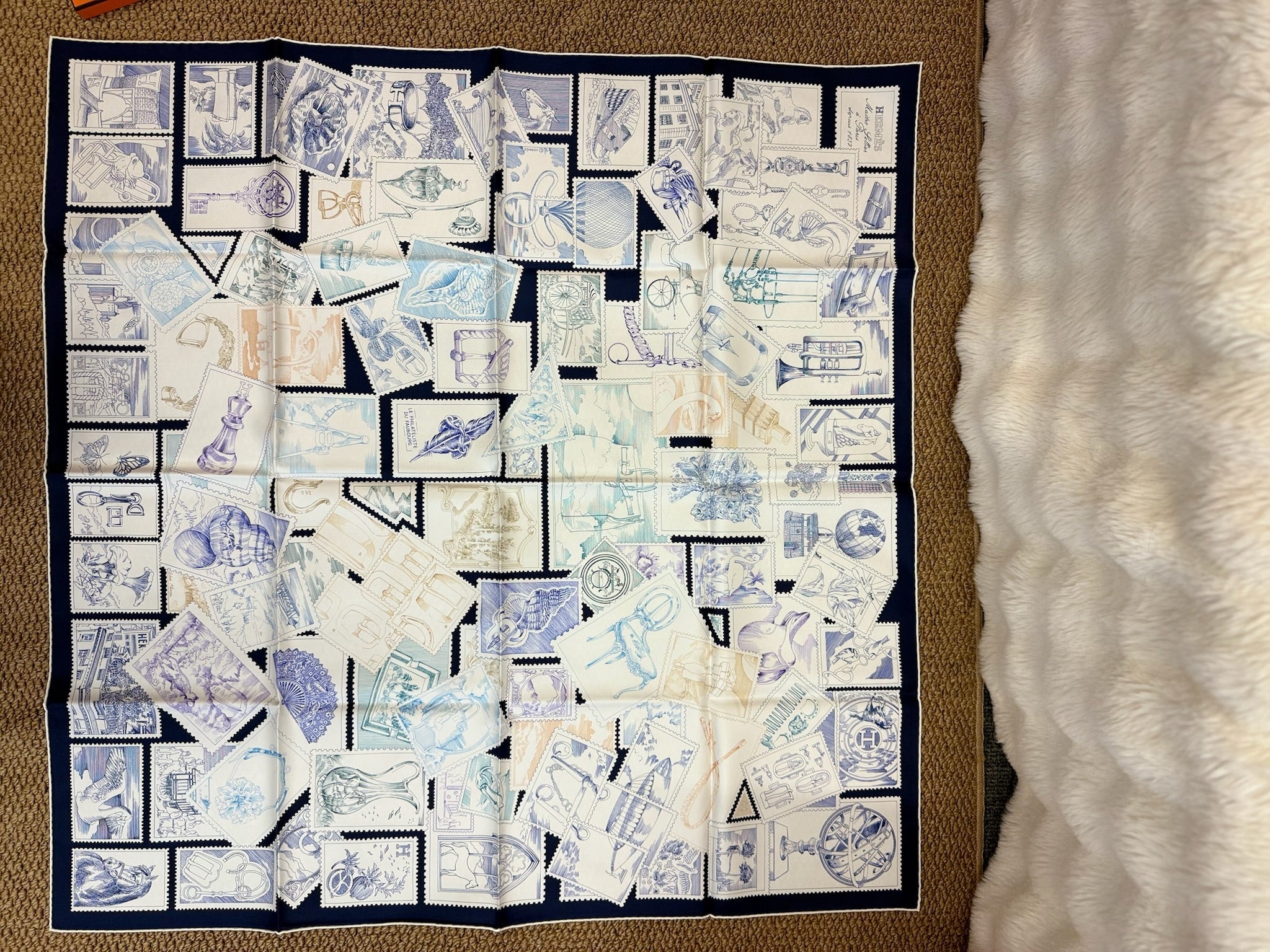 Hermès “Fubao Philatelic” 90cm Silk Scarf – Navy Blue / White – 100% Silk – Hand-rolled Edge