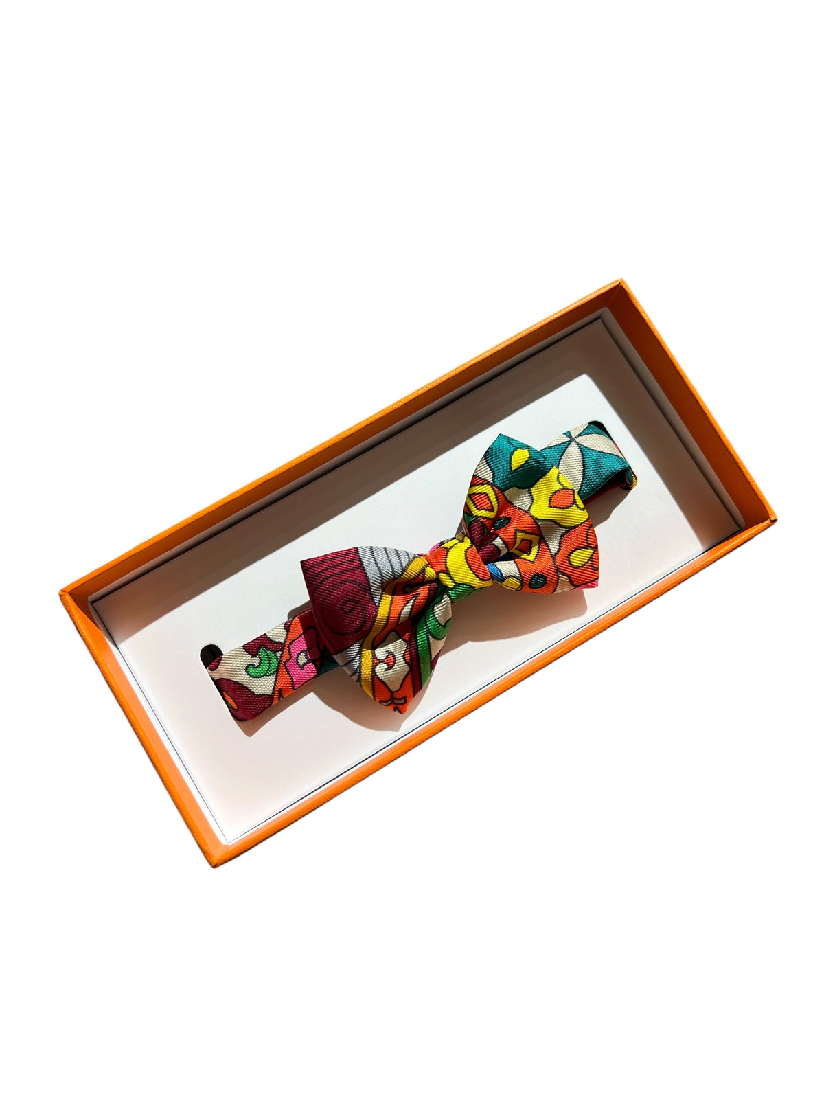 HERMES  ORANGE+BORDEAUX+GREEN SILK BOW TIE 2000000151663