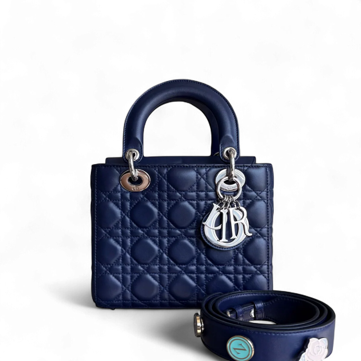 DIOR LADY SMALL FLAP - CANNAGE LAMBSKIN DARK BLUE SILVER HARDWARE SYCM525