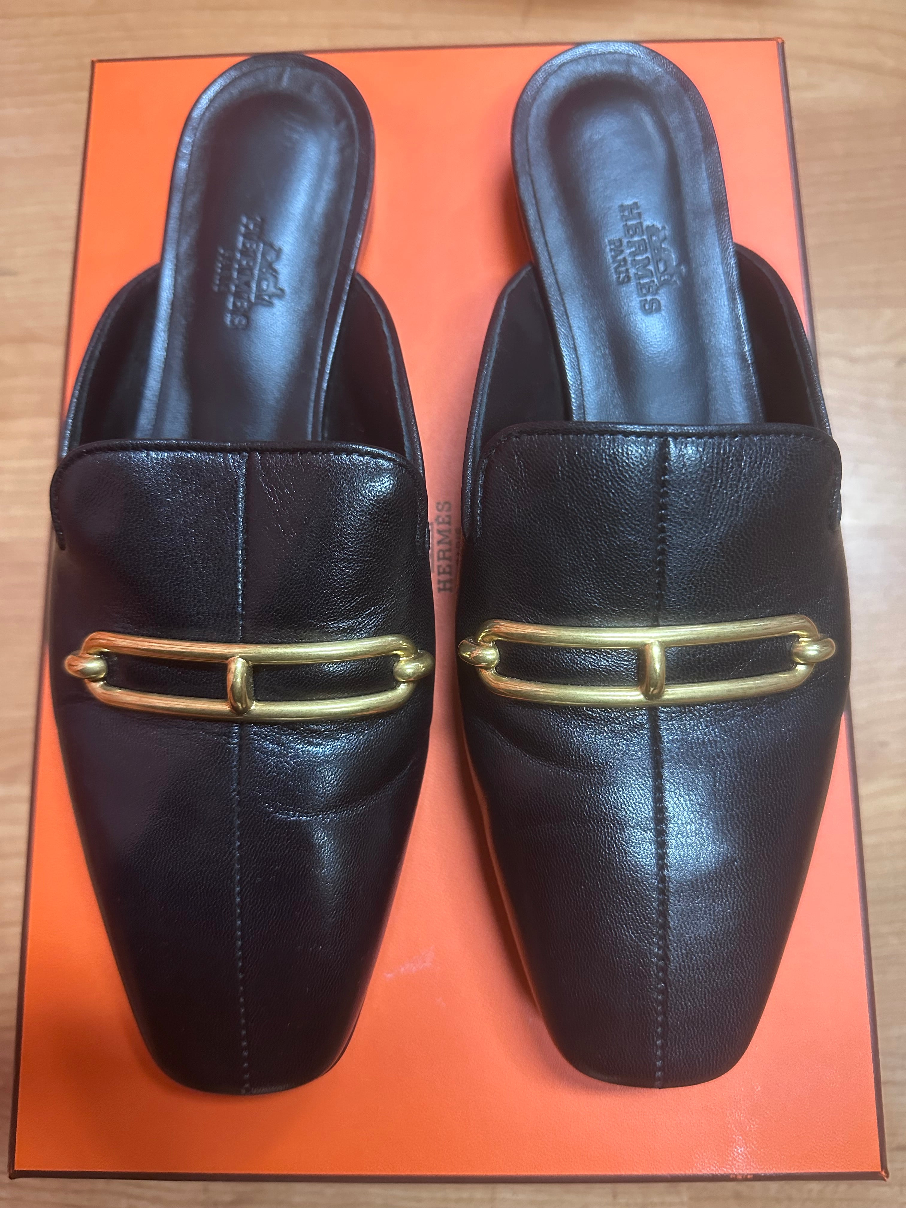 123A. Hermes Black Mules - Size 37