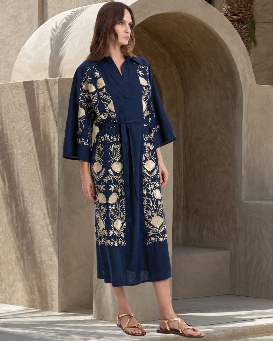 Blossom Long-Sleeved V-Neck Embroidered Maxi Dress - Blue Navy Gold