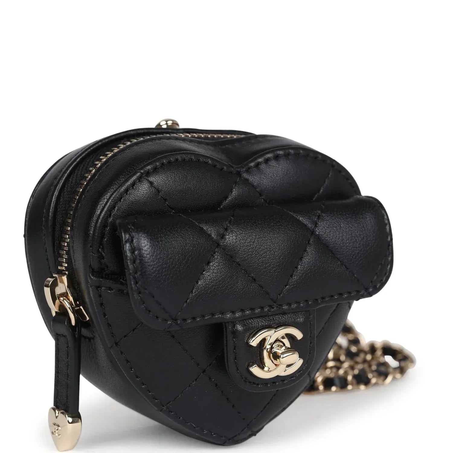 *LONDON LOCATED* CHANEL MINI HEART NECKLACE Black Lambskin Leather with Champagne-Toned Metal