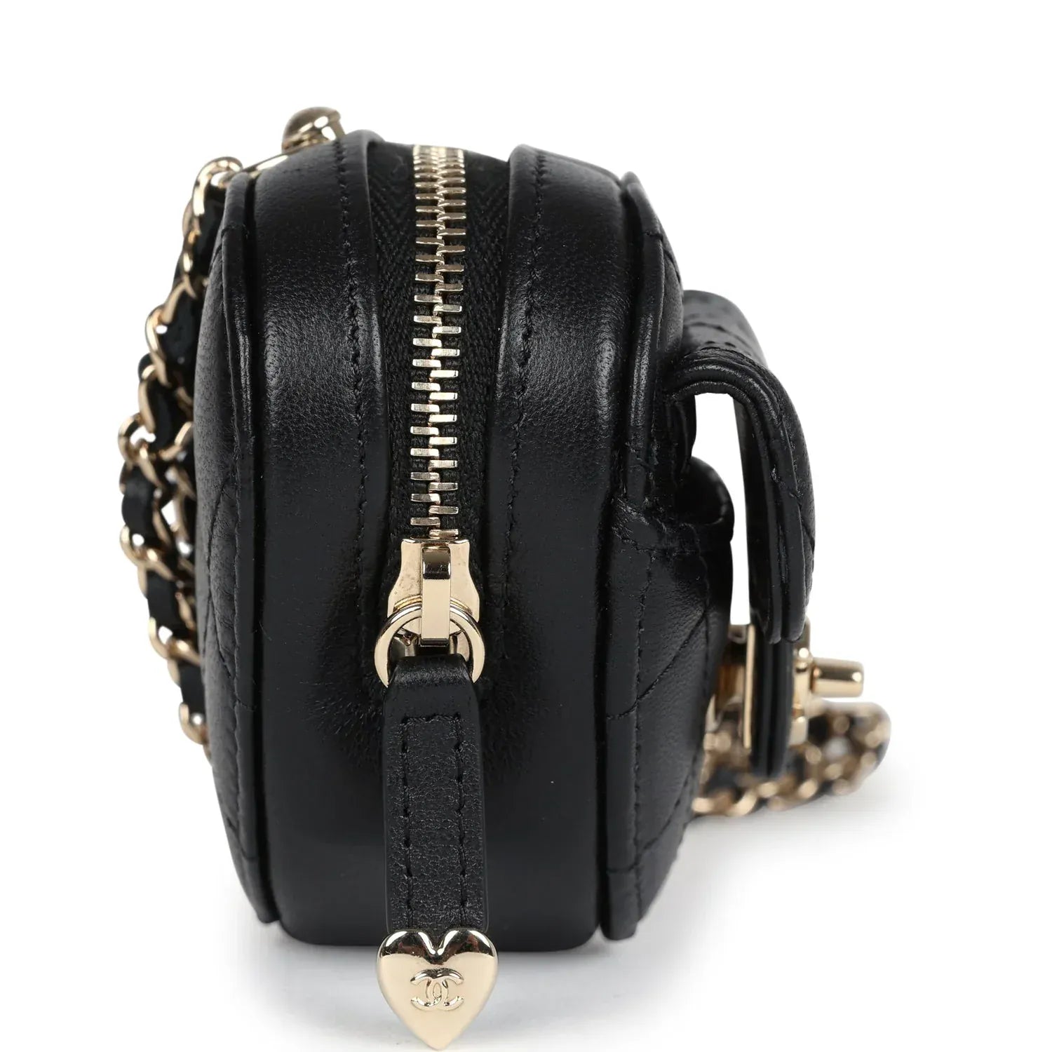 *LONDON LOCATED* CHANEL MINI HEART NECKLACE Black Lambskin Leather with Champagne-Toned Metal