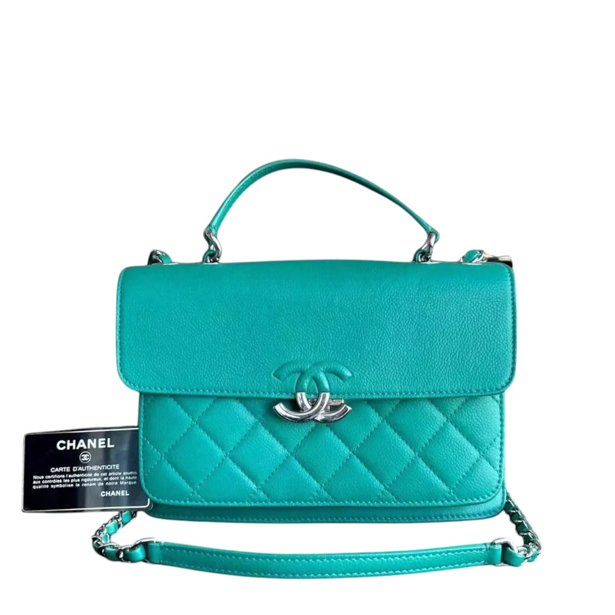 CHANEL CAVIAR 25CM 2017 URBAN HANDLE QUILTED GRAINED CALFSKIN GREEN BLUE SILVER HARDWARE SERIES 23 SYCM650