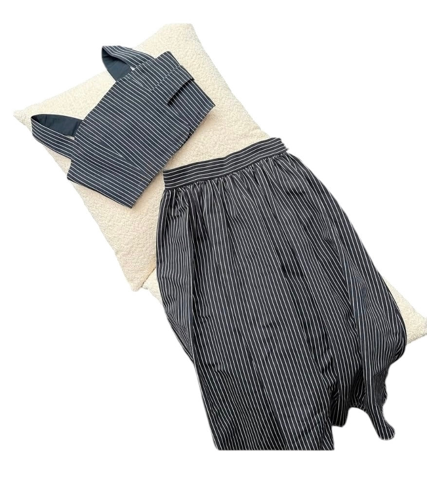Dior Striped Linen Cropped Top and Skirt Navy Blue Sz 36 SYCYA129