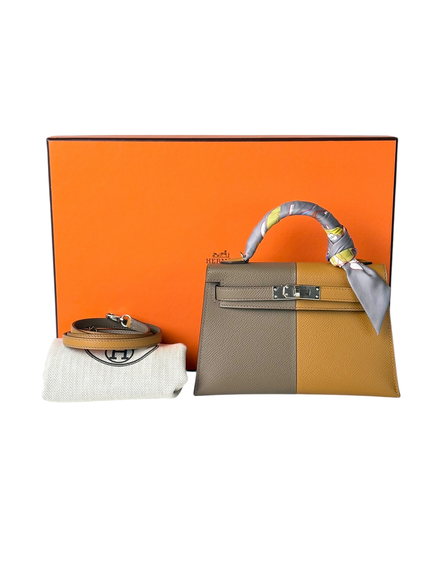 Hermes Limited Edition Kelly Mini Sesame/Etoupe/Blue Indigo in Epsom Leather