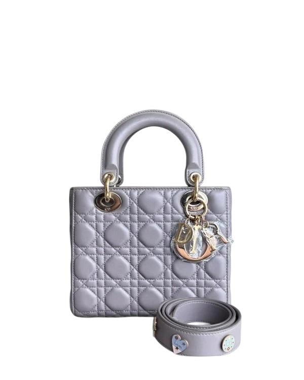 DIOR LADY SMALL - CANNAGE LAMBSKIN GREY GRAY GOLD HARDWARE SYCMDA126