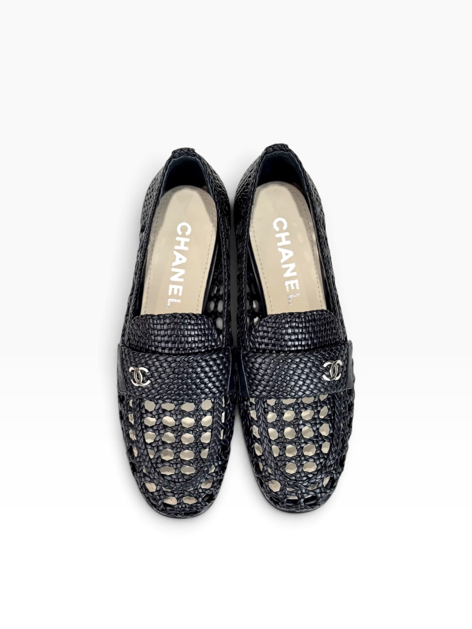 Chanel Shiny Braided Loafers Black #37.5