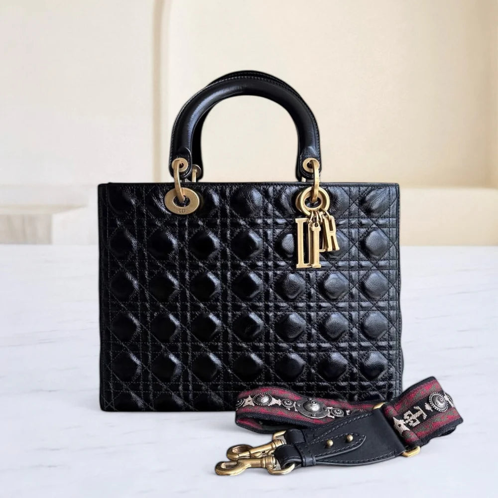 DIOR LADY LARGE FLAP - GLAZED CALFSKIN CANNAGE BLACK GOLD HARDWARE SYCM480