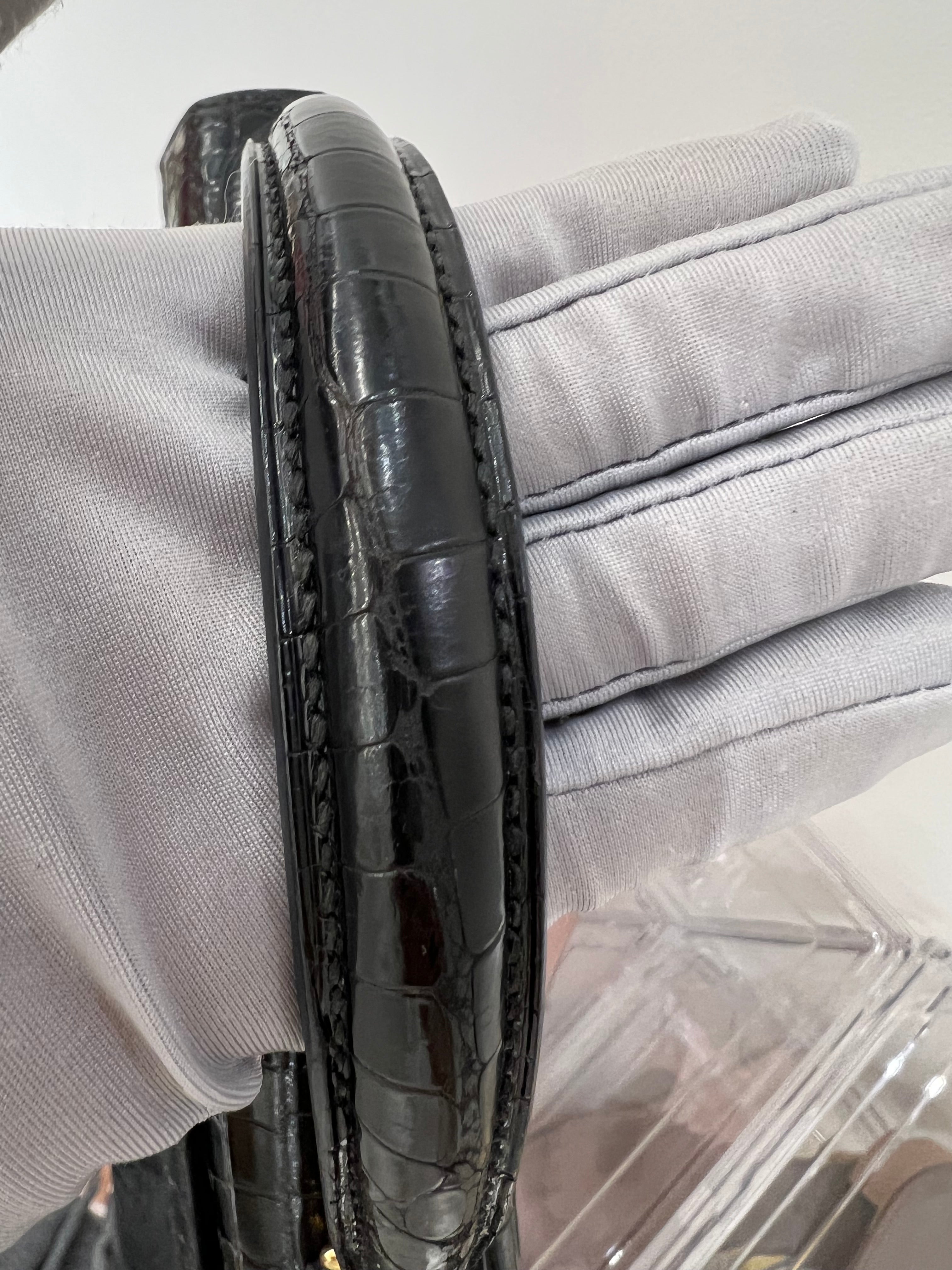 Hermes Vintage Kelly 28 Sellier Black Shiny Porosus GHW #V Circle (Y1992) SCKH4103