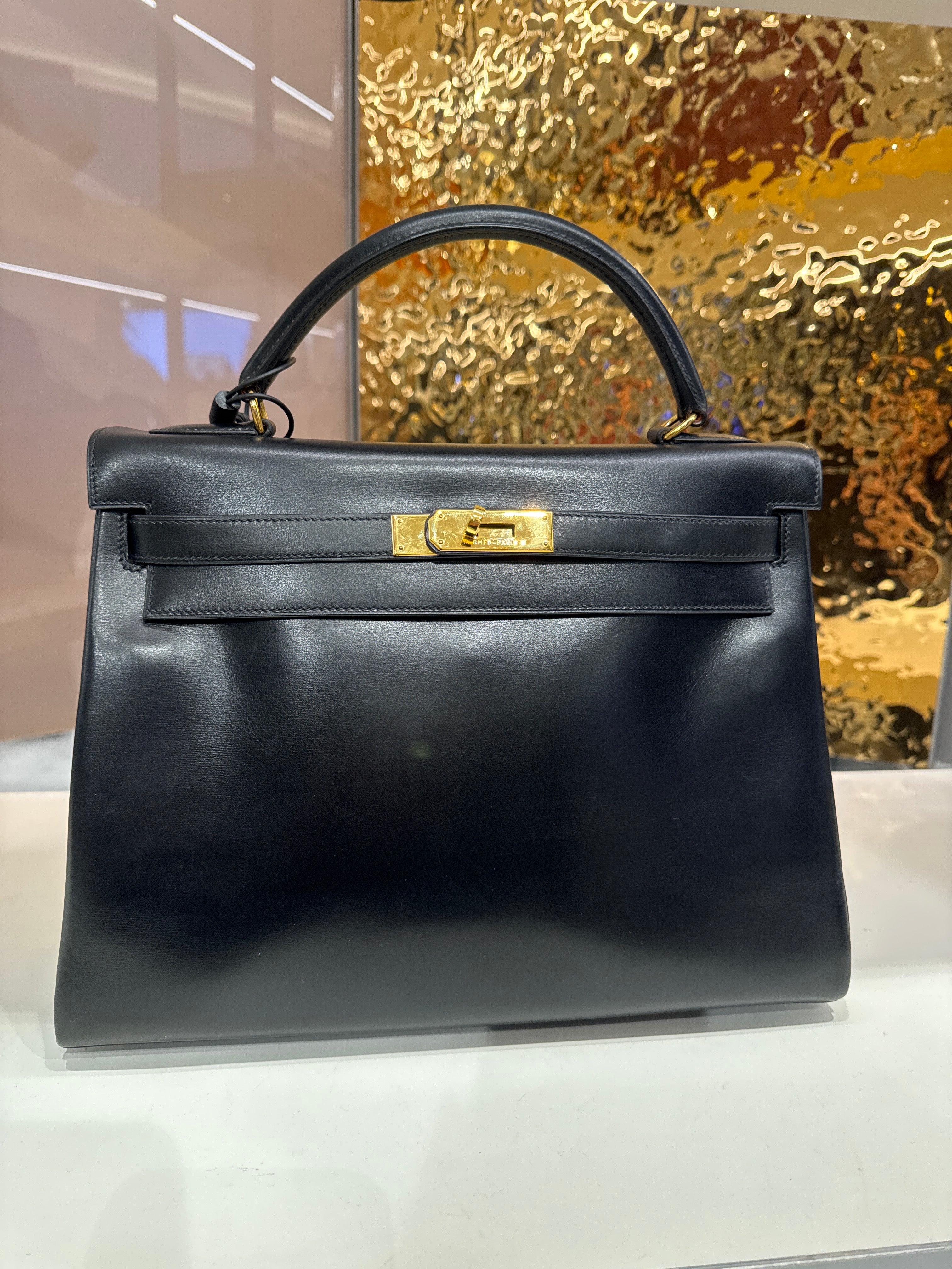 HERMES KELLY 32 RETOURNE BLACK BOXCALF HAND SHOULDER BAG 〇Y GHW DBXS2142