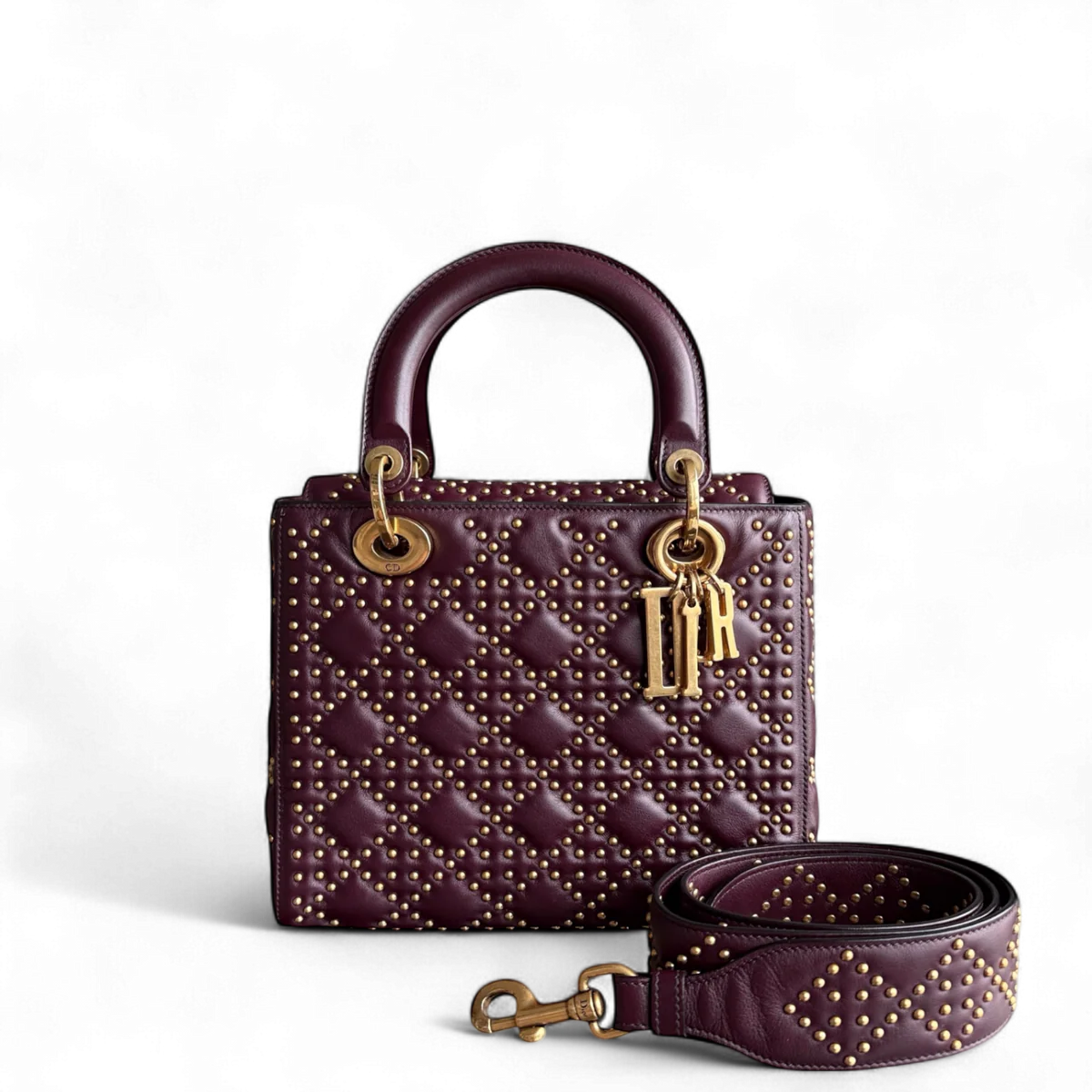 DIOR LADY MEDIUM FLAP - STUDDED CANNAGE CALFSKIN BURGUNDY RED GOLD HARDWARE SYCM524