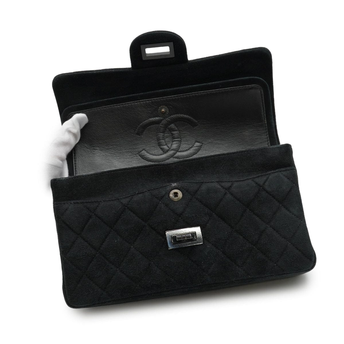 Luxury Promise Japan VINTAGE CHANEL 2.55 MATERASSE CHAIN SHOULDER BAG SO BLACK SUEDE BLACK HARDWARE 90346122