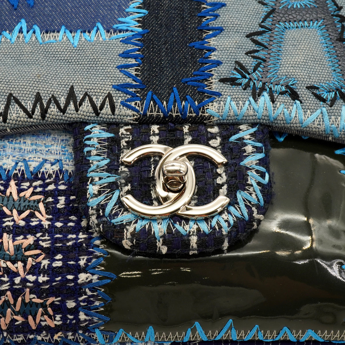 CHANEL CHAIN SHOULDER BAG PATCHWORK MULTICOLOR LEATHER DENIM TWEED SILVER HARDWARE 90347684