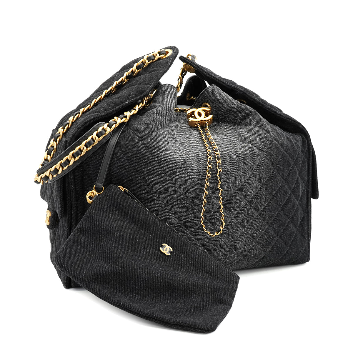 CHANEL CHANEL25 MEDIUM CHAIN SHOULDER BAG BLACK DENIM GOLD HARDWARE 90331857