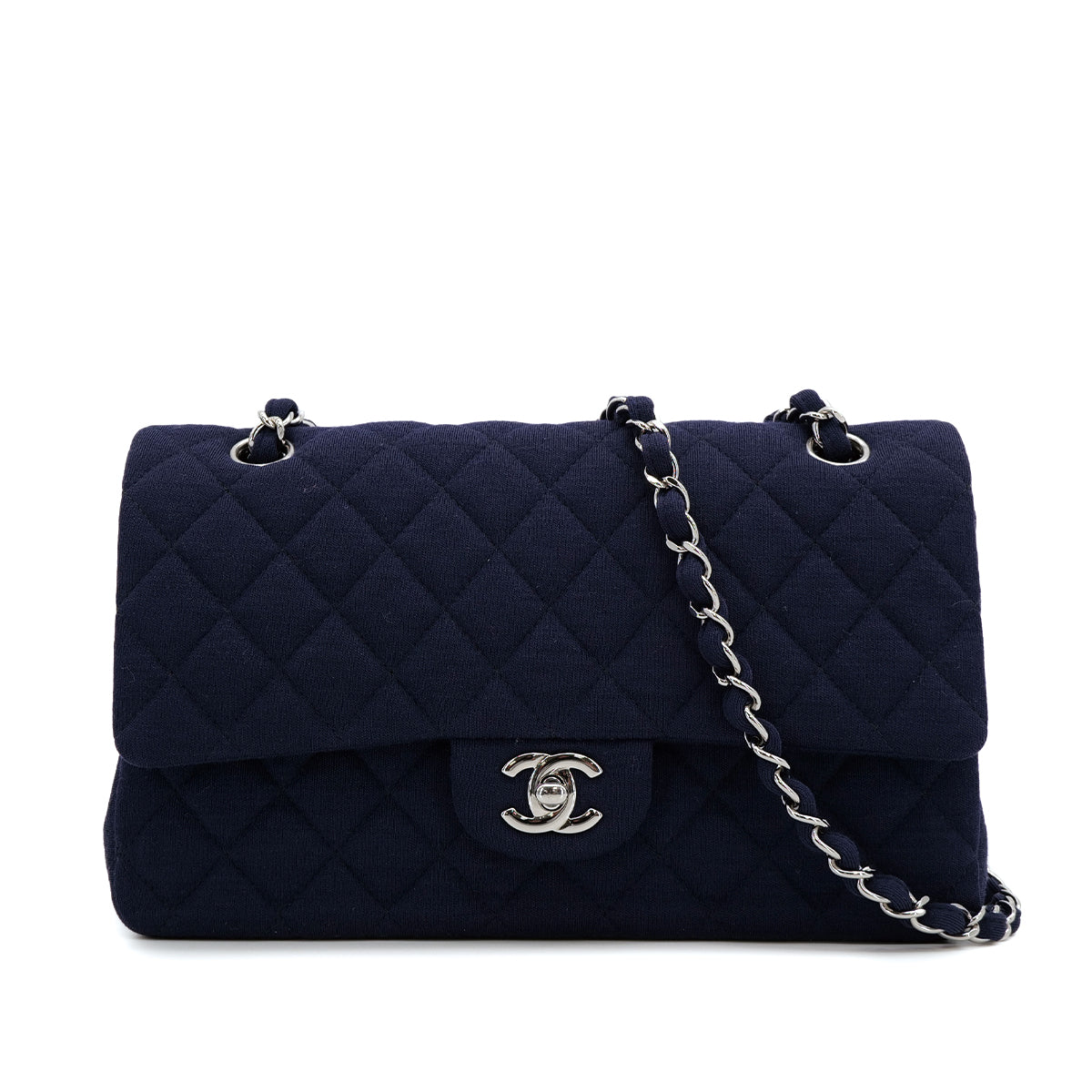 CHANEL CLASSIC FLAP MEDIUM CHAIN SHOULDER BAG NAVY COTTON SILVER HARDWARE 90312598