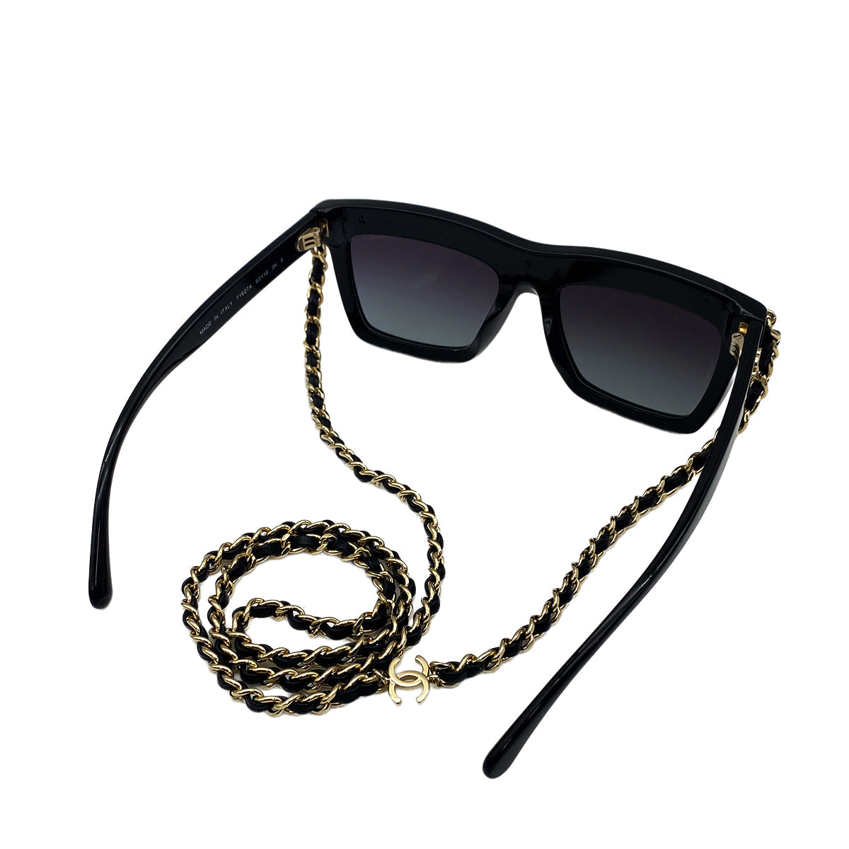 CHANEL COCOMARK RECTANGLE SHAPE CHAIN SUNGLASSES BLACK GOLD EYEWEAR 90319702
