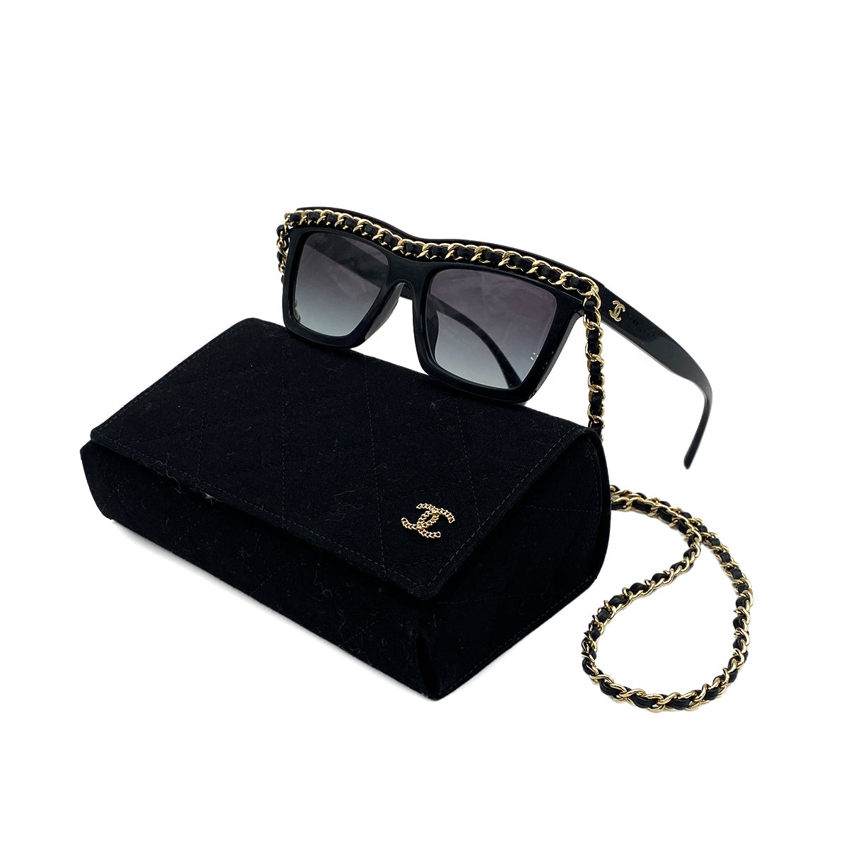 CHANEL COCOMARK RECTANGLE SHAPE CHAIN SUNGLASSES BLACK GOLD EYEWEAR 90319702