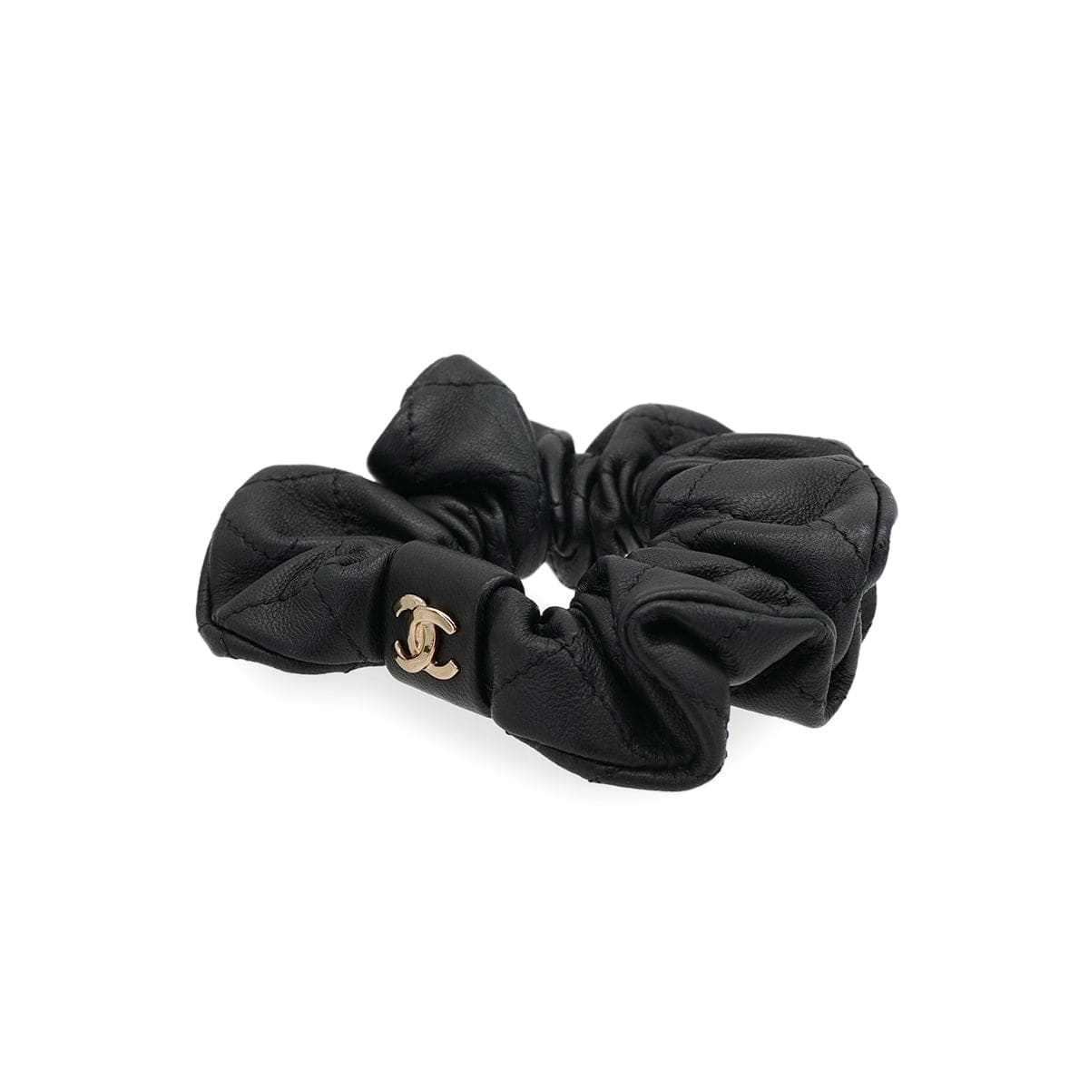 CHANEL COCOMARK SCRUNCHIE BLACK GOLD LEATHER HAIR ACCESSORY A21K 90321170