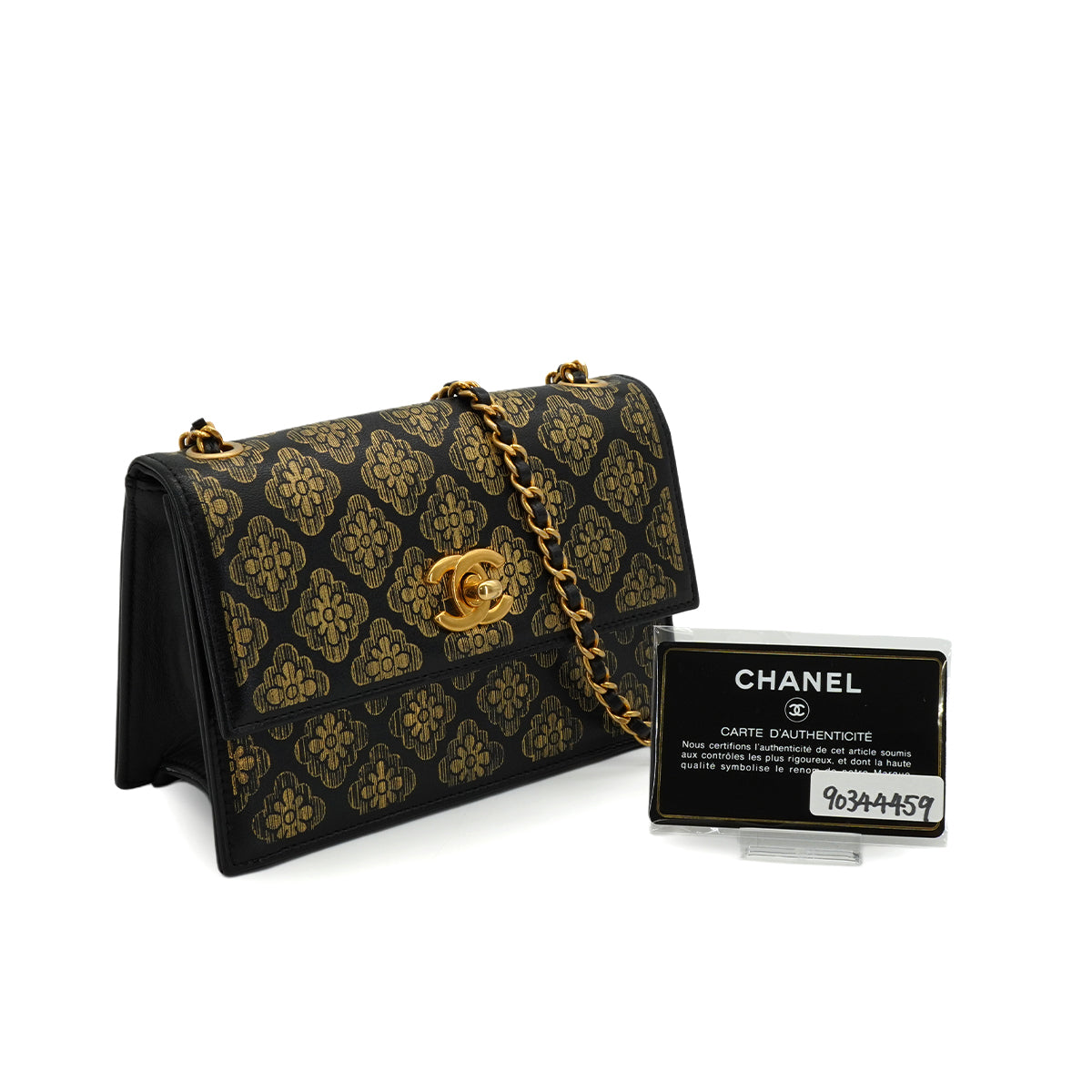 CHANEL CAMELLIA PATTERN METALLIC PRINT TURNLOCK CHAIN SHOULDER BAG BLACK LEATHER GOLD HARDWARE 90344459