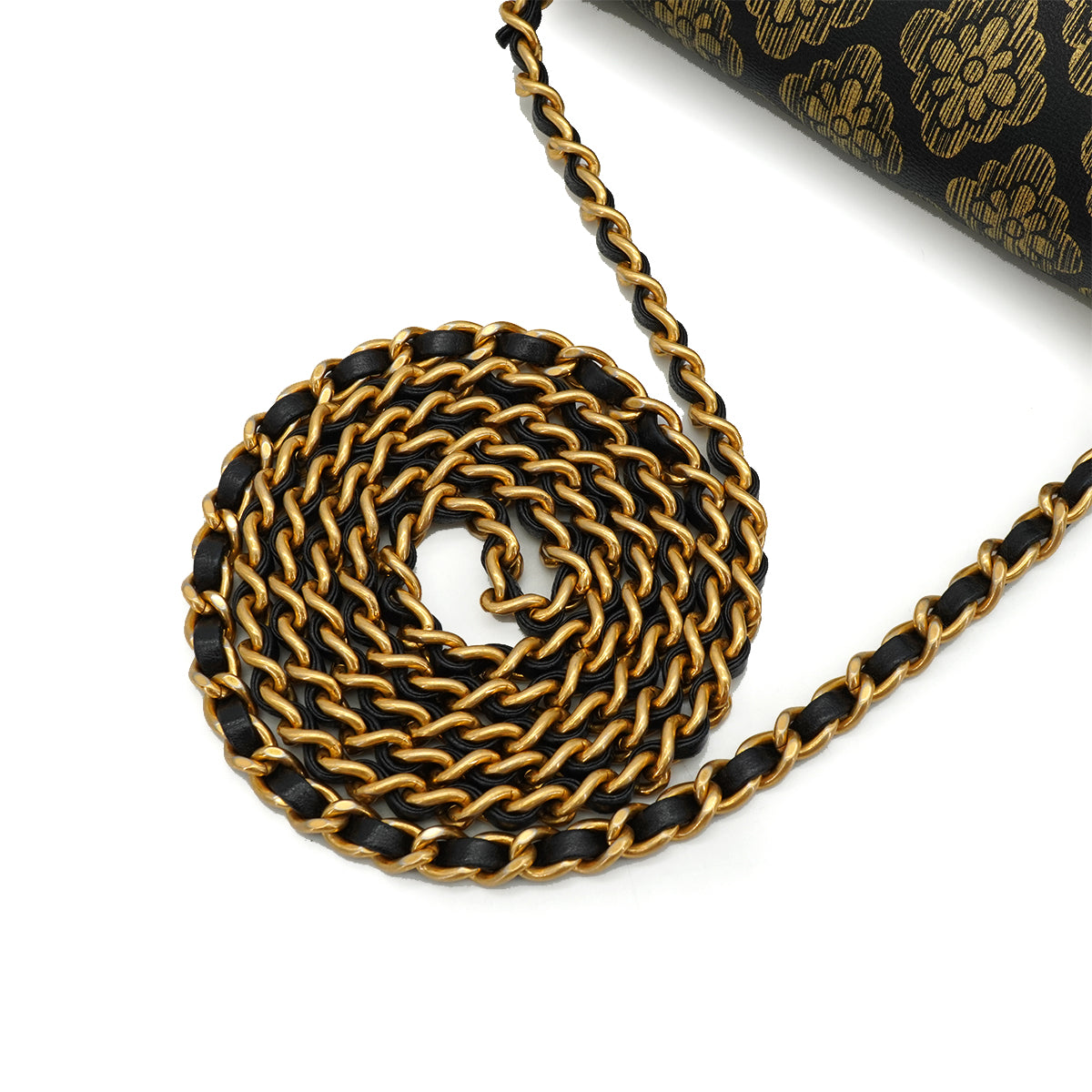 CHANEL CAMELLIA PATTERN METALLIC PRINT TURNLOCK CHAIN SHOULDER BAG BLACK LEATHER GOLD HARDWARE 90344459