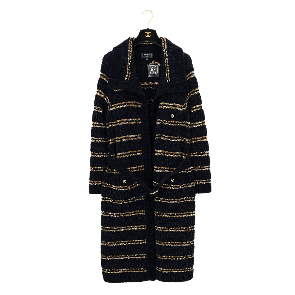 CHANEL COCO BUTTON BORDER TWEED LONG COAT BLACK GOLD WOOL 38 P64 RTW 90324155