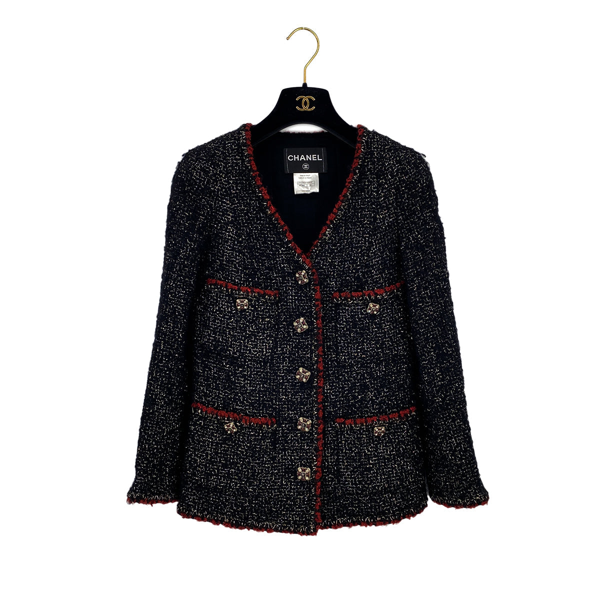 CHANEL COCO BUTTON RHINESTONE TWEED JACKET BLACK RED WOOL 38 P42 RTW 90319632