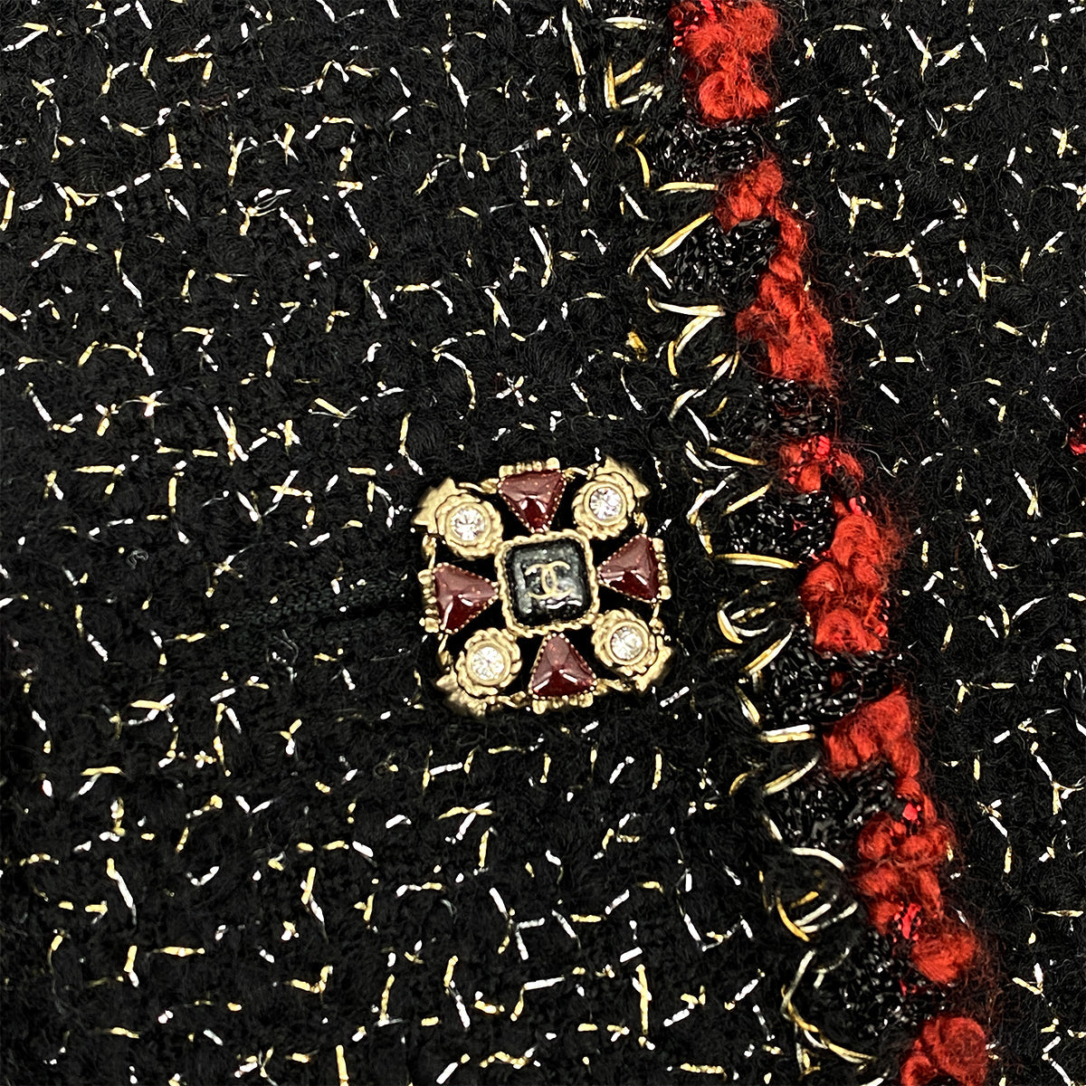 CHANEL COCO BUTTON RHINESTONE TWEED JACKET BLACK RED WOOL 38 P42 RTW 90319632