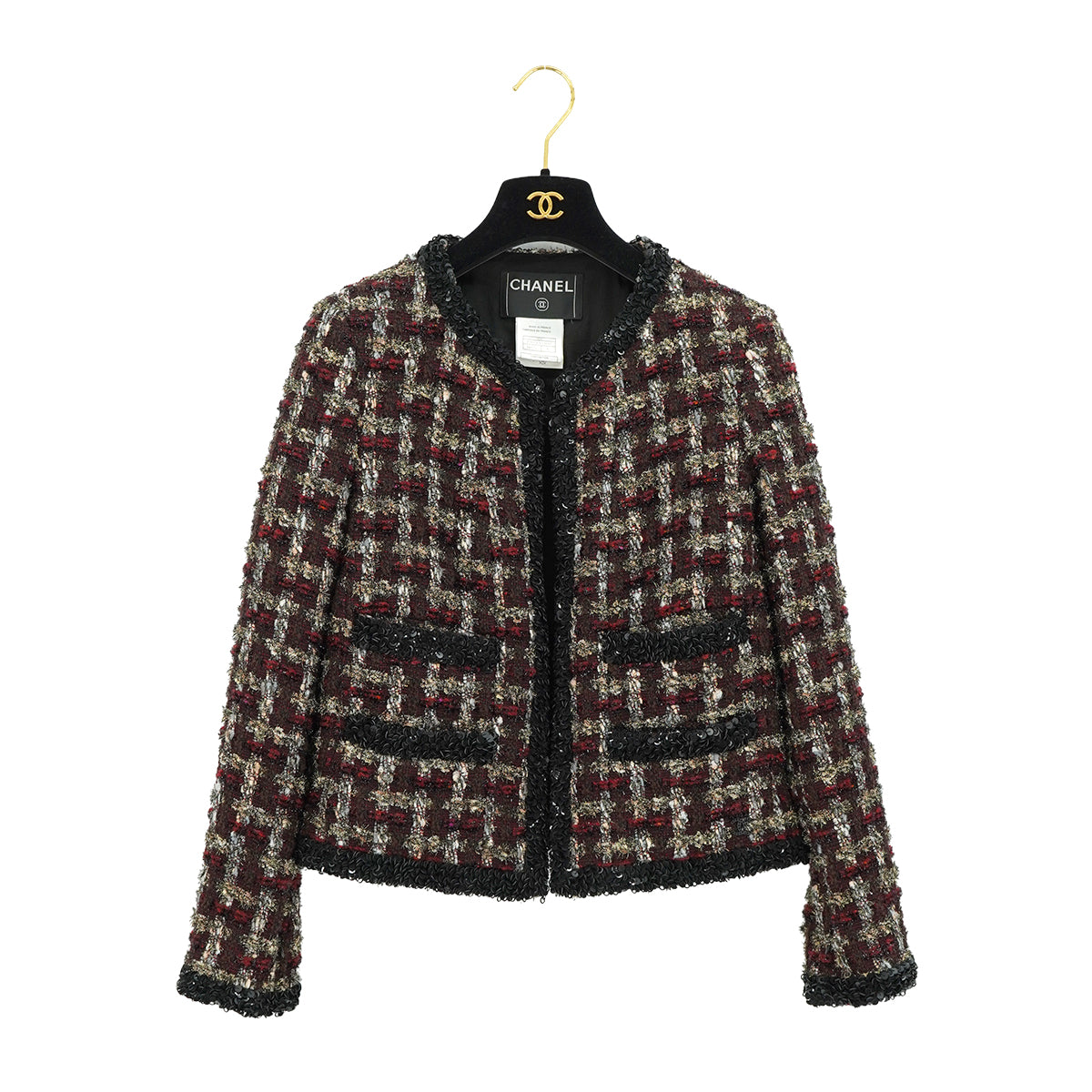 CHANEL DOUBLE POCKET TWEED JACKET SEQUINS BLACK RED WOOL 42 02A RTW 90309855