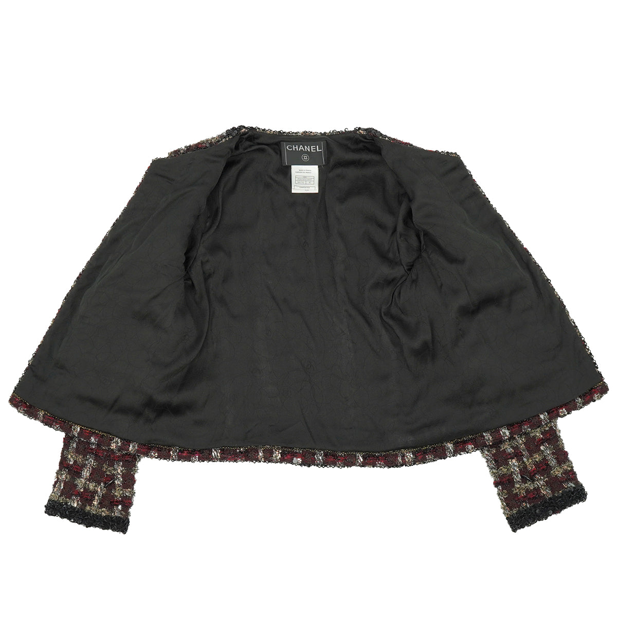 CHANEL DOUBLE POCKET TWEED JACKET SEQUINS BLACK RED WOOL 42 02A RTW 90309855
