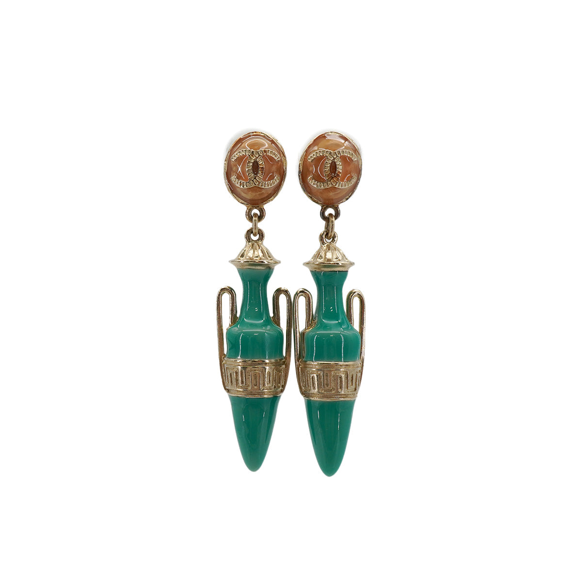 CHANEL EARRINGS AMPHORA MOTIF COCOMARK SWING GOLD GREEN ACCESSORY 18C 90343245