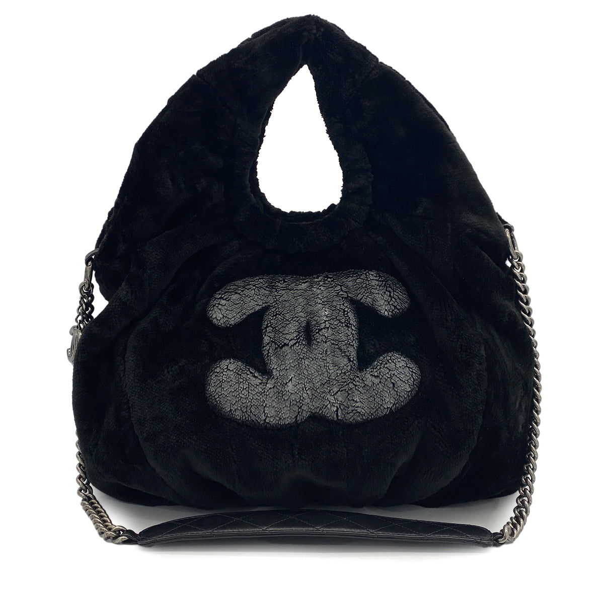 CHANEL FAUX FUR 2WAY CHAIN HAND SHOULDER BAG BLACK 90325640