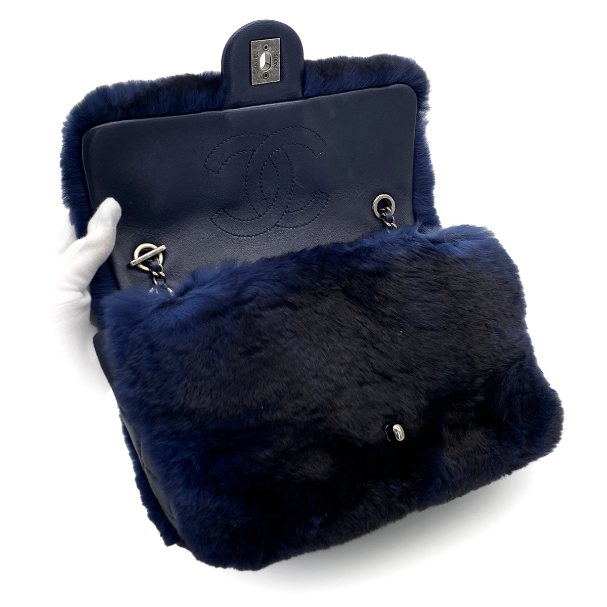 CHANEL FUR CHAIN SHOULDER BAG BLUE LAMB SKIN SILVER HARDWARE 90322023