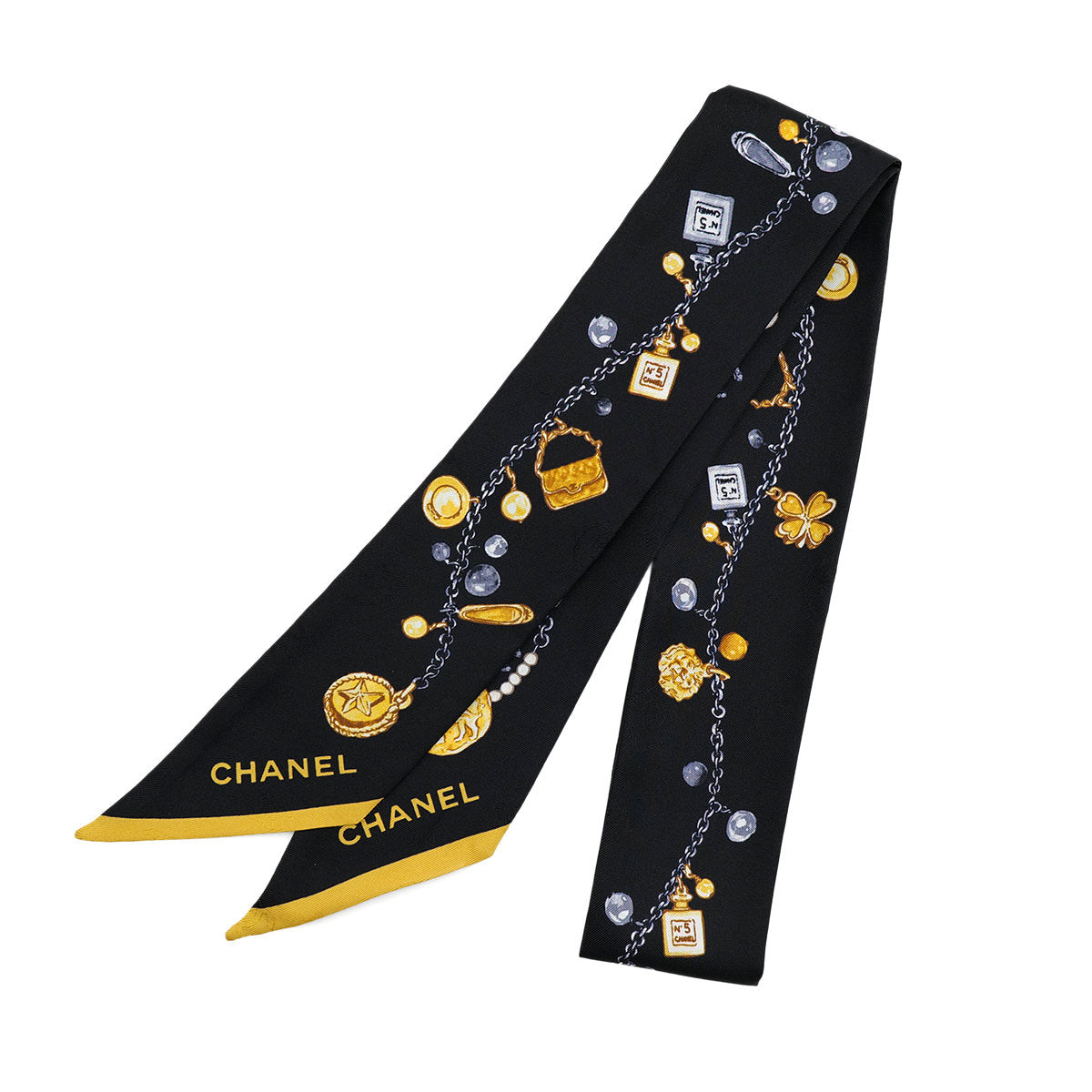 CHANEL LOGO CHARM PATTERN SCARF HAIR BAND BLACK  SILK ACCESSORY 90324789