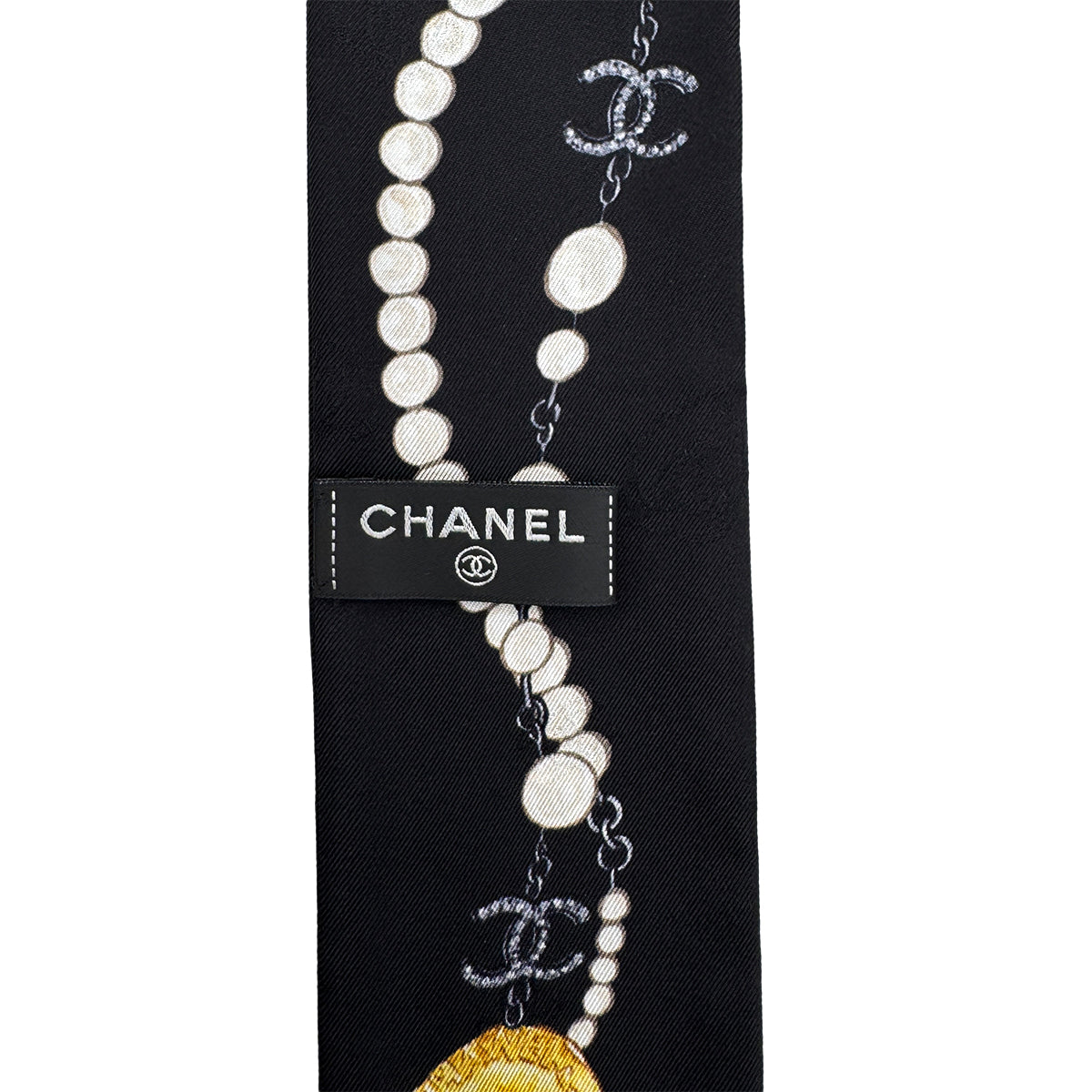 CHANEL LOGO CHARM PATTERN SCARF HAIR BAND BLACK  SILK ACCESSORY 90324789